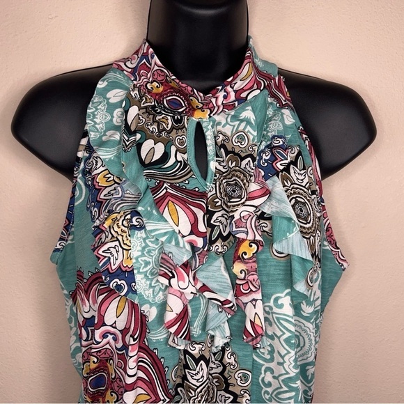 LARGE 42 POPS BLUE BOHO RUFFLE SLEEVELESS STRETCH BLOUSE TOP PAISLEY - Picture 5 of 11
